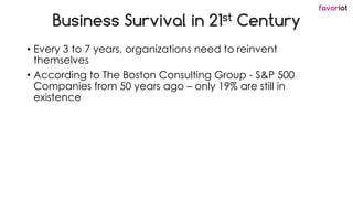 favoriot
Business Survival in 21st Century
• Every 3 to 7 years, organizations need to reinvent
themselves
• According to The Boston Consulting Group - S&P 500
Companies from 50 years ago – only 19% are still in
existence
 