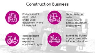 favoriot
Construction Business
Reduce rental
costs – send
under-used
equipment where
it is needed
Track all assets –
never lose
expensive
equipment again
Show alerts and
order
replacements
before equipment
breaks down
Extend the lifetime
of your assets with
informed decisions
 