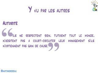 @matbarbereau 
Y vu par les autres 
Autorité 
Ils ne respectent rien, tutoient tout le monde, n’hésitent pas à court-circuiter leur management s’ils n’obtiennent pas gain de cause.  