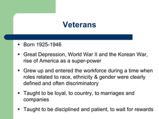 Veterans
 Born 1925-1946
 Great Depression, World War II and the Korean War,
rise of America as a super-power
 Grew up and entered the workforce during a time when
roles related to race, ethnicity & gender were clearly
defined and often discriminatory
 Taught to be loyal, to country, to marriages and
companies
 Taught to be disciplined and patient, to wait for rewards
 