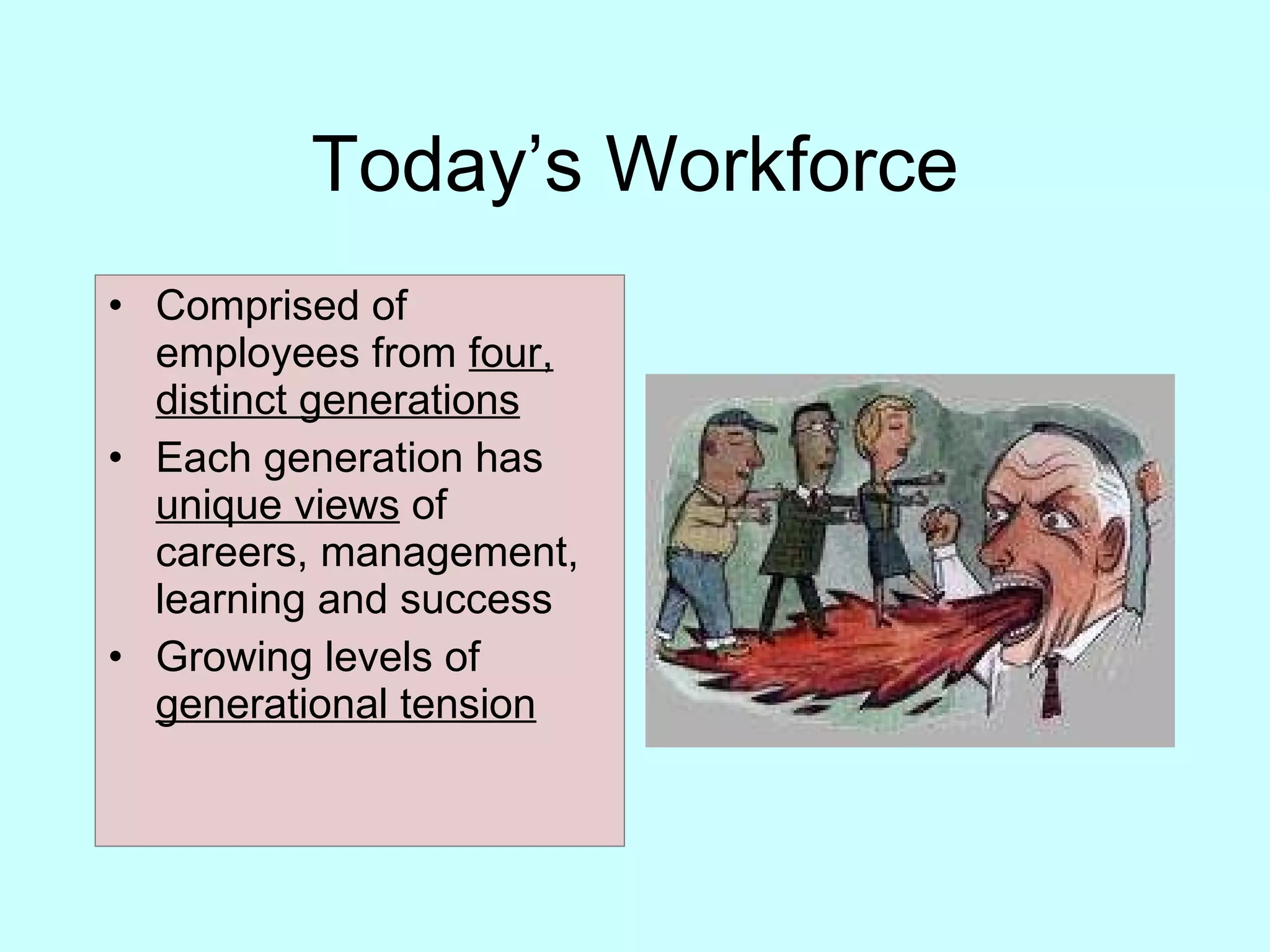 Today’s Workforce Comprised of employees from  four, distinct generations Each generation has  unique views  of careers, management, learning and success Growing levels of  generational tension   