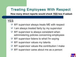 Treating Employees With Respect
How many direct reports would check YES box if asked:
YES
 MY supervisor always treats ME...