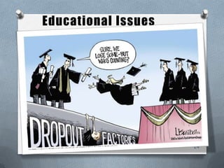 Educational Issues
O Diversity of needs, backgrounds, and
experiences
O High Drop-out and failure rates
(average 3 out of 10)
O Poor class participation
O Typically under prepared
O Difficulties relating to authority figures
using traditional communication
techniques 24
 