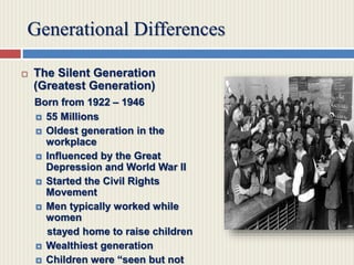 Generational Differences
 The Silent Generation
(Greatest Generation)
Born from 1922 – 1946
 55 Millions
 Oldest generation in the
workplace
 Influenced by the Great
Depression and World War II
 Started the Civil Rights
Movement
 Men typically worked while
women
stayed home to raise children
 Wealthiest generation
 Children were “seen but not
 