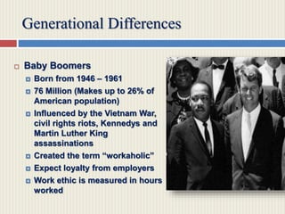 Generational Differences
 Baby Boomers
 Born from 1946 – 1961
 76 Million (Makes up to 26% of
American population)
 Influenced by the Vietnam War,
civil rights riots, Kennedys and
Martin Luther King
assassinations
 Created the term “workaholic”
 Expect loyalty from employers
 Work ethic is measured in hours
worked
 
