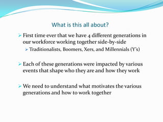 What is this all about?
 First time ever that we have 4 different generations in
  our workforce working together side-by...