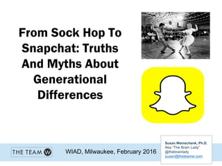 Susan Weinschenk, Ph.D.
Aka “The Brain Lady”
@thebrainlady
susan@theteamw.com
WIAD, Milwaukee, February 2016
From Sock Hop To
Snapchat: Truths
And Myths About
Generational
Differences
 