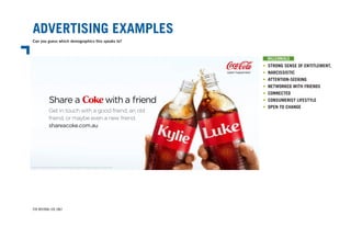 ADVERTISING EXAMPLES
Can you guess which demographics this speaks to?
FOR INTERNAL USE ONLY
• STRONG SENSE OF ENTITLEMENT,
• NARCISSISTIC
• ATTENTION-SEEKING
• NETWORKED WITH FRIENDS
• CONNECTED
• CONSUMERIST LIFESTYLE
• OPEN TO CHANGE
MILLENNIALS
 