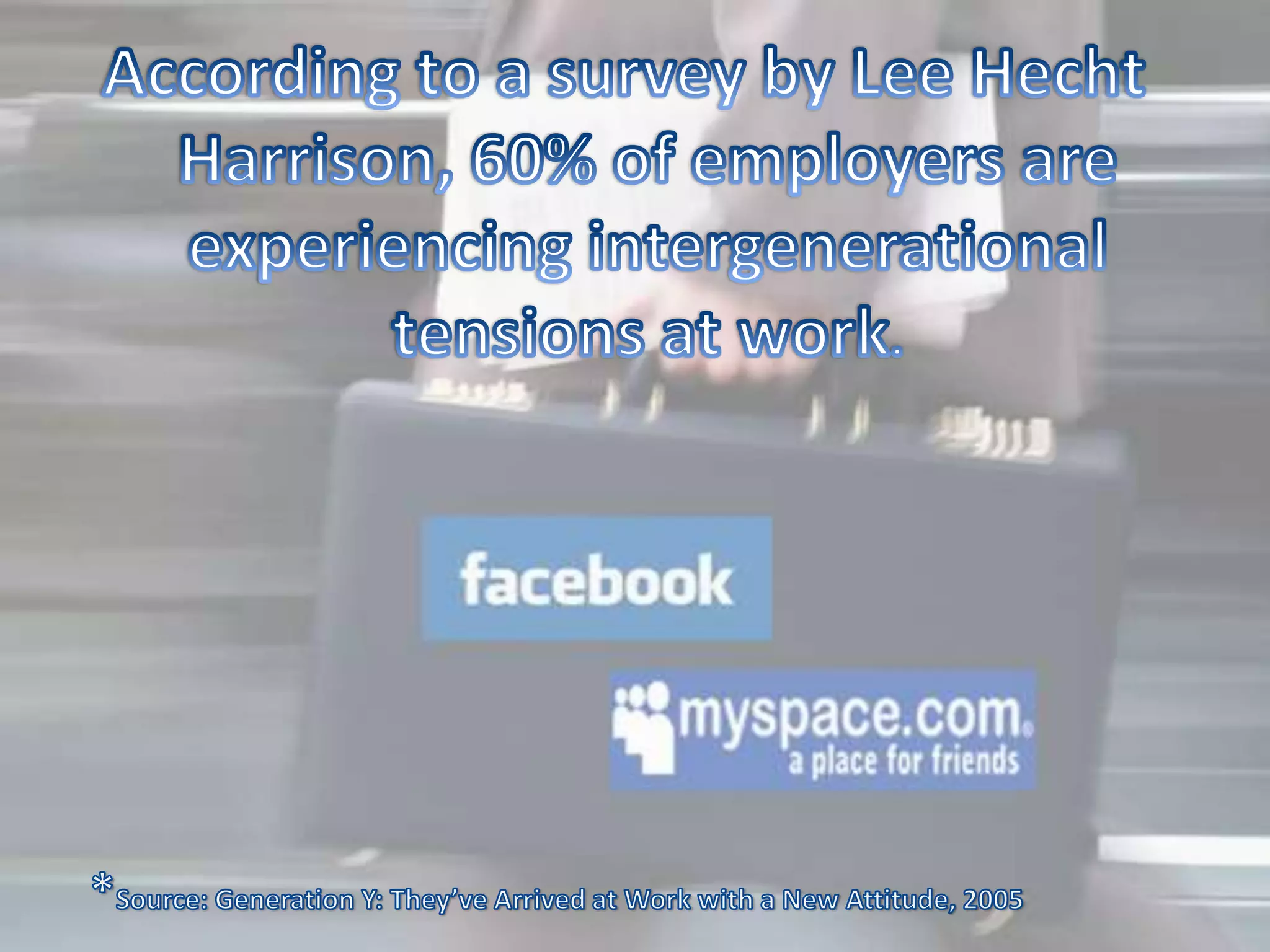 According to a survey by Lee Hecht Harrison, 60% of employers are experiencing intergenerational tensions at work.   *Source: Generation Y: They’ve Arrived at Work with a New Attitude, 2005 