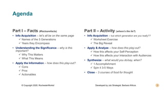 Agenda
Part I – Facts (#factsarefacts)
• Info Acquisition – let’s all be on the same page
 Names of the 5 Generations
 Years they Encompass
• Understanding the Significance – why is this
important?
 Why This Matters
 What This Means
• Apply the Information – how does this play-out?
 Cons
 Pros
 Actionables
Part II – Activity (where’s the lie?)
• Info Acquisition – but which generation are you really??
 Worksheet Exercise
 The Big Reveal
• Apply & Analyze – how does this play-out?
 How this affects your Self-Perception
 How this affects your Interaction with Audiences
• Synthesize – what would you do/say, when?
 1 Accomplishment
 Spin it 3-5 Ways
• Close – 3 courses of food for thought
© Copyright 2020, RochesterWorks! Developed by Job Strategist: Barbara Wilcox
 