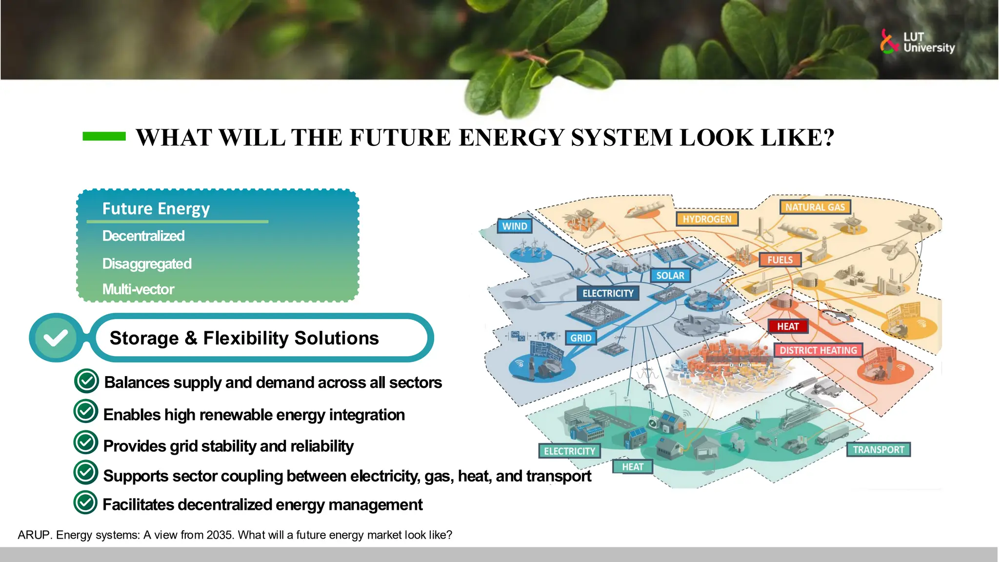 WHAT WILL THE FUTURE ENERGY SYSTEM LOOK LIKE?
ARUP. Energy systems: A view from 2035. What will a future energy market look like?
Future Energy
Decentralized
Disaggregated
Multi-vector
Storage & Flexibility Solutions
Balances supply and demand across all sectors
Enables high renewable energy integration
Provides grid stability and reliability
Supports sector coupling between electricity, gas, heat, and transport
Facilitates decentralized energy management
 
