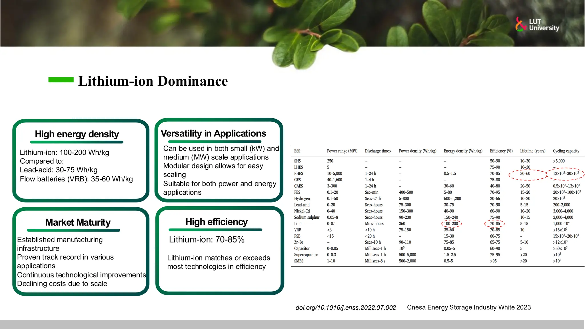 Lithium-ion Dominance
Cnesa Energy Storage Industry White 2023
doi.org/10.1016/j.enss.2022.07.002
High energy density Versatility in Applications
Market Maturity High efficiency
Lithium-ion: 100-200 Wh/kg
Compared to:
Lead-acid: 30-75 Wh/kg
Flow batteries (VRB): 35-60 Wh/kg
Lithium-ion: 70-85%
Lithium-ion matches or exceeds
most technologies in efficiency
Can be used in both small (kW) and
medium (MW) scale applications
Modular design allows for easy
scaling
Suitable for both power and energy
applications
Established manufacturing
infrastructure
Proven track record in various
applications
Continuous technological improvements
Declining costs due to scale
 