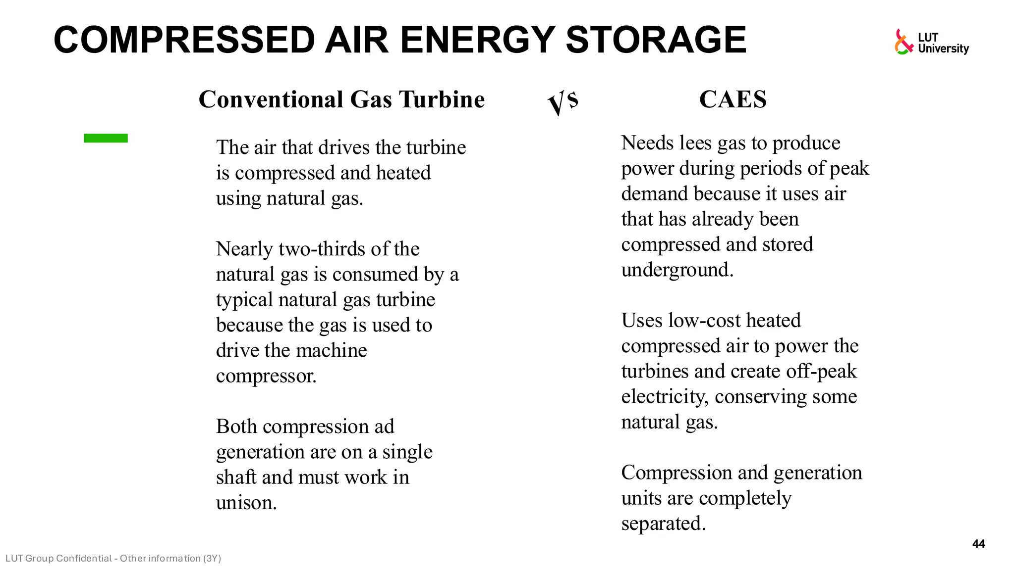 COMPRESSED AIR ENERGY STORAGE
44
Conventional Gas Turbine
The air that drives the turbine
is compressed and heated
using natural gas.
Nearly two-thirds of the
natural gas is consumed by a
typical natural gas turbine
because the gas is used to
drive the machine
compressor.
Both compression ad
generation are on a single
shaft and must work in
unison.
CAES
Needs lees gas to produce
power during periods of peak
demand because it uses air
that has already been
compressed and stored
underground.
Uses low-cost heated
compressed air to power the
turbines and create off-peak
electricity, conserving some
natural gas.
Compression and generation
units are completely
separated.
 