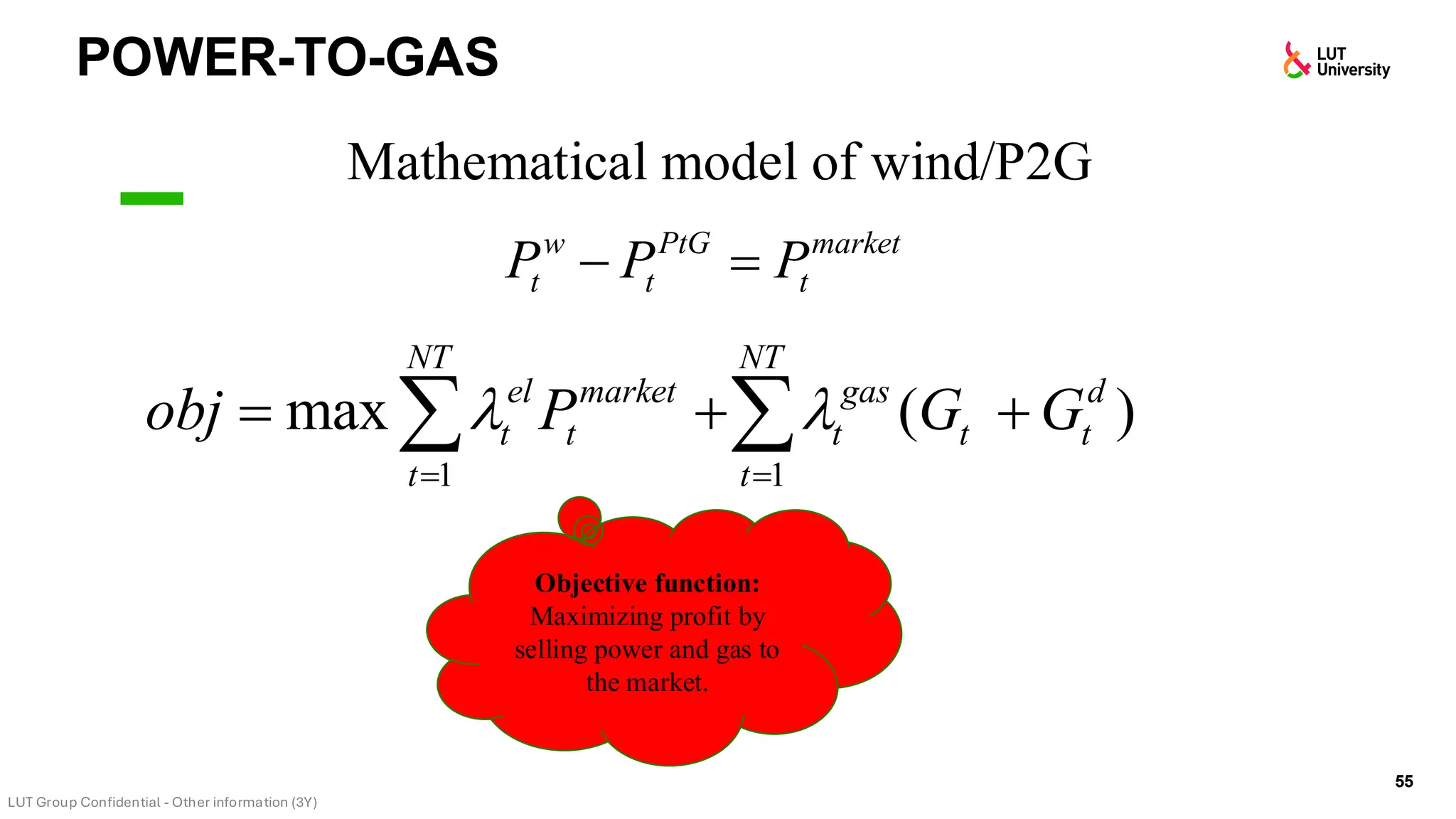 POWER-TO-GAS
55
Mathematical model of wind/P2G
1 1
max ( )
NT NT
el market gas d
t t t t t
t t
obj P G G
 
= =
= + +
 
Objective function:
Maximizing profit by
selling power and gas to
the market.
w PtG market
t t t
P P P
− =
 