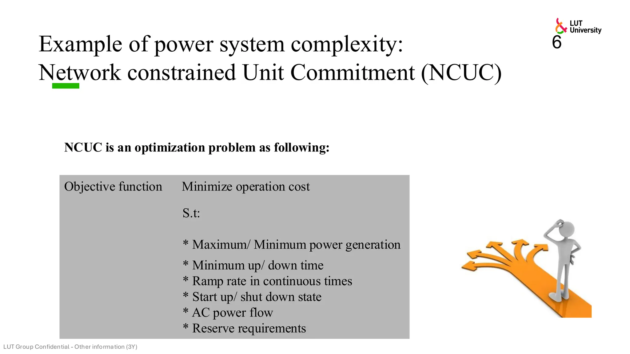 6
Objective function Minimize operation cost
S.t:
* Maximum/ Minimum power generation
* Minimum up/ down time
* Ramp rate in continuous times
* Start up/ shut down state
* AC power flow
* Reserve requirements
NCUC is an optimization problem as following:
Example of power system complexity:
Network constrained Unit Commitment (NCUC)
 