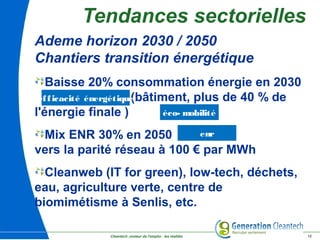 Cleantech ,moteur de l'emploi : les réalités 12
Ademe horizon 2030 / 2050
Chantiers transition énergétique
Baisse 20% consommation énergie en 2030
(bâtiment, plus de 40 % de
l'énergie finale )
Mix ENR 30% en 2050
vers la parité réseau à 100 € par MWh
Cleanweb (IT for green), low-tech, déchets,
eau, agriculture verte, centre de
biomimétisme à Senlis, etc.
Tendances sectorielles
éco- mobilité
efficacité énergétique
enr
 