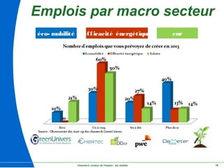 Cleantech ,moteur de l'emploi : les réalités 18
Emplois par macro secteur
éco- mobilité efficacité énergétique enr
 