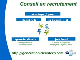 telecoms - it
startups / pme
cleantech
ancrage sectoriel
ultra-compétitif
job- boardapproche directe
1 mois d’essai gratuit
messagerie / agenda (new)
Conseil en recrutement
http://generation-cleantech.com
 