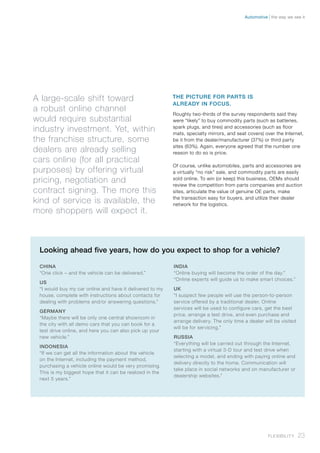 THE PICTURE FOR PARTS IS
ALREADY IN FOCUS.
Roughly two-thirds of the survey respondents said they
were “likely” to buy commodity parts (such as batteries,
spark plugs, and tires) and accessories (such as floor
mats, specialty mirrors, and seat covers) over the Internet,
be it from the dealer/manufacturer (37%) or third party
sites (63%). Again, everyone agreed that the number one
reason to do so is price.
Of course, unlike automobiles, parts and accessories are
a virtually “no risk” sale, and commodity parts are easily
sold online. To win (or keep) this business, OEMs should
review the competition from parts companies and auction
sites, articulate the value of genuine OE parts, make
the transaction easy for buyers, and utilize their dealer
network for the logistics.
A large-scale shift toward
a robust online channel
would require substantial
industry investment. Yet, within
the franchise structure, some
dealers are already selling
cars online (for all practical
purposes) by offering virtual
pricing, negotiation and
contract signing. The more this
kind of service is available, the
more shoppers will expect it.
23Flexibility
the way we see itAutomotive
Looking ahead five years, how do you expect to shop for a vehicle?
CHINA
“One click – and the vehicle can be delivered.”
US
“I would buy my car online and have it delivered to my
house, complete with instructions about contacts for
dealing with problems and/or answering questions.”
GERMANY
“Maybe there will be only one central showroom in
the city with all demo cars that you can book for a
test drive online, and here you can also pick up your
new vehicle.”
INDONESIA
“If we can get all the information about the vehicle
on the Internet, including the payment method,
purchasing a vehicle online would be very promising.
This is my biggest hope that it can be realized in the
next 5 years.”
INDIA
“Online buying will become the order of the day.”
“Online experts will guide us to make smart choices.”
UK
“I suspect few people will use the person-to-person
service offered by a traditional dealer. Online
services will be used to configure cars, get the best
price, arrange a test drive, and even purchase and
arrange delivery. The only time a dealer will be visited
will be for servicing.”
RUSSIA
“Everything will be carried out through the Internet,
starting with a virtual 3-D tour and test drive when
selecting a model, and ending with paying online and
delivery directly to the home. Communication will
take place in social networks and on manufacturer or
dealership websites.”
 