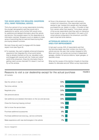THE GOOD NEWS FOR DEALERS: SHOPPERS
STILL WANT PERSONAL ADVICE.
Thirty-four percent of our survey respondents (including
the younger demographic) said they would visit a
dealership for advice, and a further 34% would come
for additional and detailed information about the vehicle
and service. One possible reason for this dependence is
information overload: Shoppers count on dealers to make
sense of everything they’ve read and heard during their
pre-buying research process.
But even those who want to engage with the dealer
expect more (see Figure 9):
ƒƒ For example, they want a digitally enhanced shopping
experience that integrates the virtual world (where
they’ve already checked out the car, tabulated costs
and blogged with owners) with the “metal and rubber”
world of the showroom. Does the information they’re
getting match across channels? If it doesn’t, trust can
fly out the window.
ƒƒ Once in the showroom, they want multi-sensory,
content-rich interactions. One respondent said she
wanted to see “reviews from people who had already
purchased the car, ideally in a video – I’d prefer to hear
from owners rather than experts.” Forty-seven percent
of the survey respondents said they want an interactive
touch screen to view car information; 31% want a 3-D
virtual vehicle configuratorin the showroom; and 29%
want virtual test drive stations.
AFTERSALES SERVICE IS AN
AREA FOR IMPROVEMENT.
In last year’s survey, 64% of respondents said that
the franchise dealer was their number one choice for
vehicle service; this year, that number dropped to 54%.
More and more, car owners are turning to independent
garages, whether full-service stations, repair garages, or
specialty shops.
What are the causes of this decline in loyalty to franchise
dealers for aftersales service? When survey respondents
Reasons to visit a car dealership except for the actual purchase
All markets
FIGURE 8
See the vehicle in real life 72%
Test drive vehicle 61%
Negotiate price 51%
Get personal advice 34%
Get additional and detailed information on the car and services 34%
Close the financing/ leasing contract 11%
Get to know the service team 10%
Purchase additional accessories 8%
Purchase additional services (e.g., service contracts) 7%
Make experience with new technologies in the vehicle 7%
Source: Capgemini
26 CARS ONLINE 2014: GENERATION CONNECTED
 