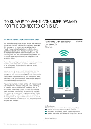 Familiarity with connected
car services
All markets
FIGURE 12
11%
23%
17%
38%
13%
10%
16%
18%
43%
12%
2012/13 2014
(adjusted)
�	Don't know
�	I have not heard of connected car services before
�	I am not interested in connected car services
�	I would like my next car to have connected services
�	I already use connected car services in my current vehicle
Source: Capgemini
TO KNOW IS TO WANT: CONSUMER DEMAND
FOR THE CONNECTED CAR IS UP.
WHAT’S A GENERATION CONNECTED CAR?
It’s one in which the driver and the vehicle itself are linked
to the world through the Internet and wireless networks.
For example, in the future, vehicles will be able to
“read” the current traffic situation in order to reduce
pollution and traffic jams, thereby helping drivers get
to their destinations more safely and faster. Cars will
also diagnose their own imminent service problems and
schedule dealer appointments proactively before the
problems occur.
Types of connectivity include dynamic navigation systems,
remote vehicle diagnostics, automatic notification
in an emergency, and on-demand, real-time access
to entertainment.
As consumers become more familiar with the idea of a
connected car, their interest in owning one increases
(see Figure 12). Twelve percent of the survey respondents
already have connected services. Not surprisingly, their
cars tend to be premium brands, but it’s highly likely that
volume brands will catch up soon.
Younger consumers are more familiar with the connected
car concept than are older car buyers. Also, familiarity
is lowest in mature markets, with more than 30% of
consumers in Germany and the UK reporting that they
had “not heard” of connected car services. In contrast,
the number of consumers in the growth markets of India
and China who are not familiar with the concepts falls
to a single digit. As a general rule, consumers in growth
markets are keener on technology, and this generalization
holds true in this case.
34 CARS ONLINE 2014: GENERATION CONNECTED
 