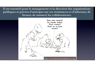 Il est essentiel pour le management et la direction des organisations
publiques et privées d’anticiper sur ces résistances et d’informer, de
former, de rassurer les collaborateurs.
http://www.dessinateurdepresse.com/
 