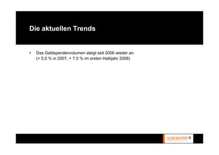 Die aktuellen Trends


  Das Geldspendenvolumen steigt seit 2006 wieder an.
  (+ 5,5 % in 2007, + 7,5 % im ersten Halbjahr 2008)
 