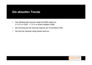 Die aktuellen Trends


  Das Geldspendenvolumen steigt seit 2006 wieder an.
  (+ 5,5 % in 2007, + 7,5 % im ersten Halbjahr 2008)
  Der Schwerpunkt der Spender liegt bei der Humanitären Hilfe.
  Die Zahl der Spender steigt wieder leicht an.
 