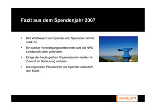 Fazit aus dem Spendenjahr 2007


  Der Wettbewerb um Spender und Sponsoren nimmt
  stark zu.
  Ein starker Verdrängungswettbewerb wird die NPO-
  Landschaft stark verändern.
  Einige der heute großen Organisationen werden in
  Zukunft an Bedeutung verlieren.
  Die regionalen Präferenzen der Spender verändert
  den Markt.
 
