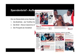 Spendenbrief - Aufbau


Die vier Bestandteile eines Spenden-Mailings:
1. Die Briefhülle – der Türöffner für das schriftliche Gespräch
2. Der Brief – Warum bekomme ich diesen Brief?
3. Der Prospekt als Verstärker
 