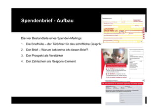 Spendenbrief - Aufbau


Die vier Bestandteile eines Spenden-Mailings:
1. Die Briefhülle – der Türöffner für das schriftliche Gespräch
2. Der Brief – Warum bekomme ich diesen Brief?
3. Der Prospekt als Verstärker
4. Der Zahlschein als Respons-Element
 