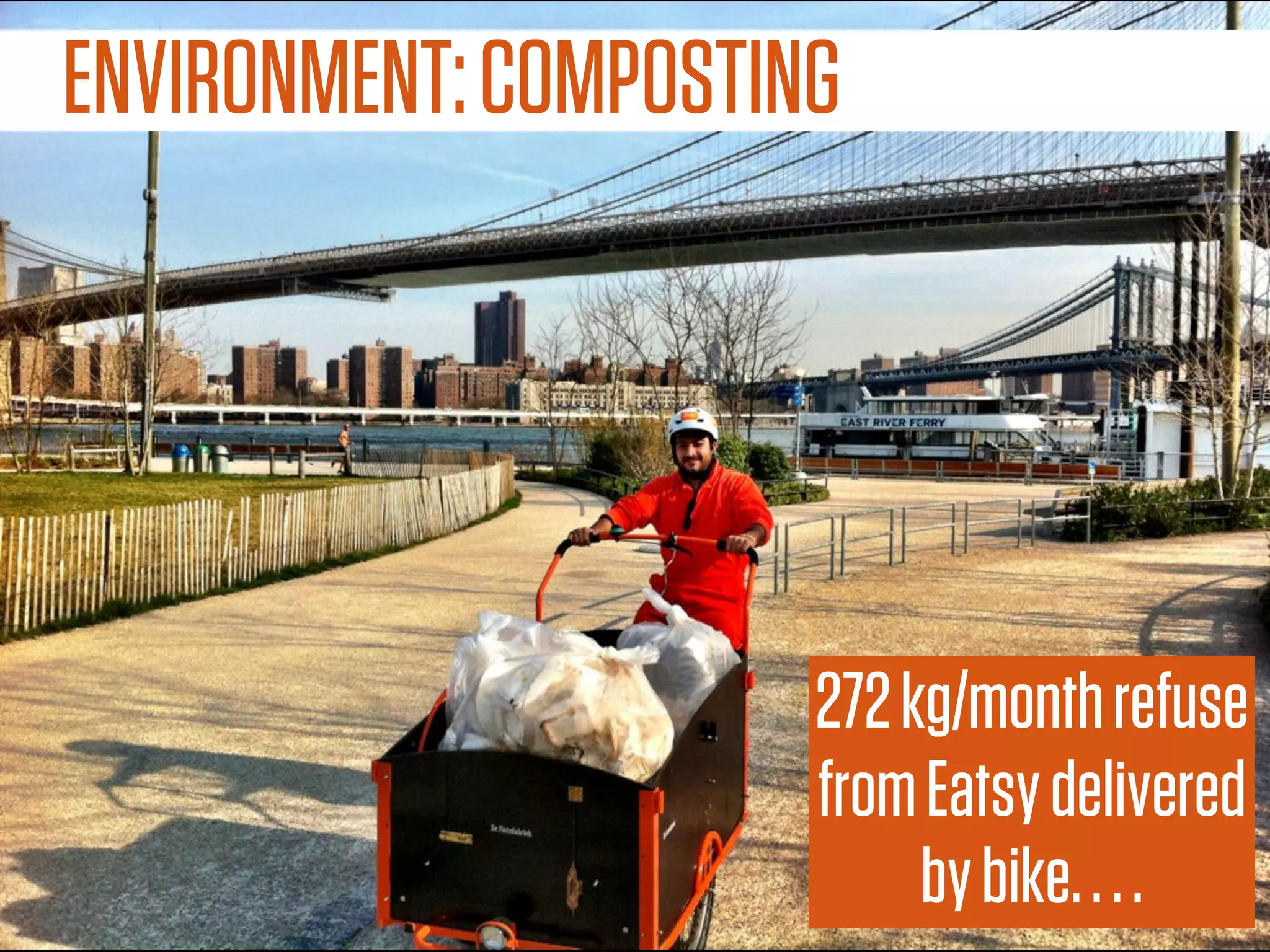ENVIRONMENT: COMPOSTING




                      272 kg/month refuse
                      from Eatsy delivered
                           by bike. . . .
 