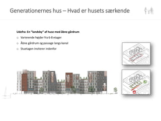 Udefra: En ”landsby” af huse med åbne gårdrum
o Varierende højder fra 6-8 etager
o Åbne gårdrum og passage langs kanal
o Stuetagen inviterer indenfor
Generationernes hus – Hvad er husets særkende
 