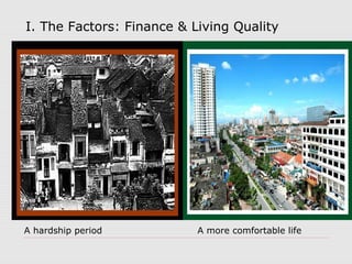 I. The Factors: Finance & Living Quality
A more comfortable lifeA hardship period
 