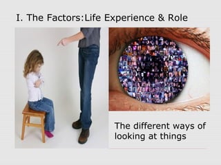 I. The Factors:Life Experience & Role
The different ways of
looking at things
 