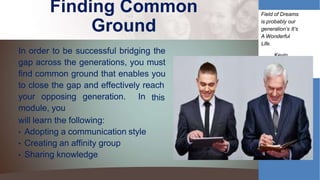 Finding Common
Ground
In order to be successful bridging the
gap across the generations, you must
find common ground that enables you
to close the gap and effectively reach
this
your opposing generation. In
module, you
will learn the following:
• Adopting a communication style
• Creating an affinity group
• Sharing knowledge
Field of Dreams
is probably our
generation’s It’s
A Wonderful
Life.
Kevin
Costner
 