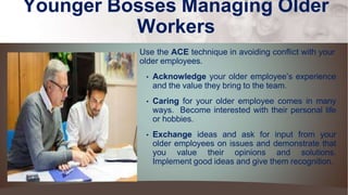 Younger Bosses Managing Older
Workers
Use the ACE technique in avoiding conflict with your
older employees.
• Acknowledge your older employee’s experience
and the value they bring to the team.
• Caring for your older employee comes in many
ways. Become interested with their personal life
or hobbies.
• Exchange ideas and ask for input from your
older employees on issues and demonstrate that
you value their opinions and solutions.
Implement good ideas and give them recognition.
 