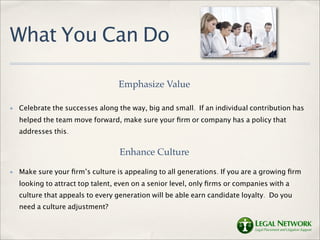 What You Can Do

                                  Emphasize Value

✤   Celebrate the successes along the way, big and small. If an individual contribution has
    helped the team move forward, make sure your ﬁrm or company has a policy that
    addresses this.


                                   Enhance Culture
✤   Make sure your ﬁrm’s culture is appealing to all generations. If you are a growing ﬁrm
    looking to attract top talent, even on a senior level, only ﬁrms or companies with a
    culture that appeals to every generation will be able earn candidate loyalty. Do you
    need a culture adjustment?
 