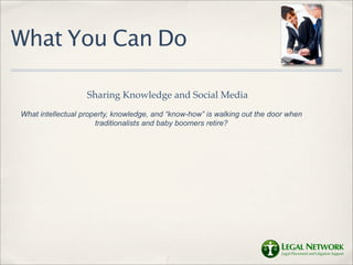 What You Can Do

                   Sharing Knowledge and Social Media
What intellectual property, knowledge, and “know-how” is walking out the door when
                      traditionalists and baby boomers retire?
 