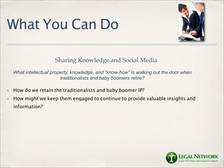 What You Can Do

                       Sharing Knowledge and Social Media
    What intellectual property, knowledge, and “know-how” is walking out the door when
                          traditionalists and baby boomers retire?

✤   How do we retain the traditionalists and baby boomer IP?
✤   How might we keep them engaged to continue to provide valuable insights and
    information?
 