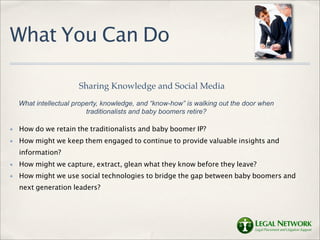 What You Can Do

                       Sharing Knowledge and Social Media
    What intellectual property, knowledge, and “know-how” is walking out the door when
                          traditionalists and baby boomers retire?

✤   How do we retain the traditionalists and baby boomer IP?
✤   How might we keep them engaged to continue to provide valuable insights and
    information?
✤   How might we capture, extract, glean what they know before they leave?
✤   How might we use social technologies to bridge the gap between baby boomers and
    next generation leaders?
 