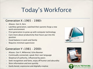 Today’s Workforce
Generation X (1965 - 1980)
✤   Aliases: Gen X, Xers
✤   Latchkey generation, watched their parents forge a new
    work environment
✤   First generation to grow up with computer technology
✤   Care more about productivity than hours put into the
    position
✤   Good balance in work and family
✤   Requires minimal supervision


Generation Y (1981 - 2000)
✤   Aliases: Gen Y, Millennial, Echo Boomer
✤   Continually connected, speak their own language
✤   Skeptical of authority, inﬂuenced by peers
✤   Seek recognition and fame, enjoy off humor and absurdity
✤   Skim information and text quickly
✤   Easily bored, expressive and digitally creative
 