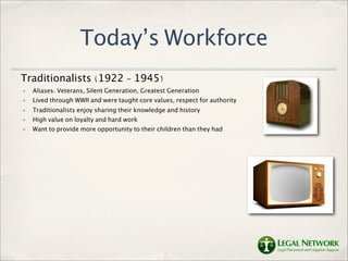 Today’s Workforce
Traditionalists (1922 - 1945)
✤   Aliases: Veterans, Silent Generation, Greatest Generation
✤   Lived th...