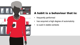 A habit is a behaviour that is:
• frequently performed
• has acquired a high degree of automaticity
• is cued in stable contexts
 