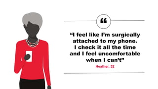 “
“I feel like I’m surgically
attached to my phone.
I check it all the time
and I feel uncomfortable
when I can’t”
Heather, 52
 
