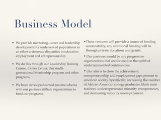 Business Model
• We provide mentoring, career and leadership
development for underserved populations in
an effort to decrease disparities in education
employment and entrepreneurship
• We do this through our Leadership Training
Course, Career Center, Our multi-
generational Mentorship program and other
programs.
• We have developed earned-income schema
with our partners afﬁliate organizations to
fund our programs.
•These ventures will provide a source of funding
sustainability, any additional funding will be
through private donations and grants.
• Our partners would be any progressive
organizations that are focused on the uplift of
underrepresented communities.
• Our aim is to close the achievement,
entrepreneurship and employment gaps present in
american society. Speciﬁcally, increasing the number
of African American college graduates, black male
teachers, underrepresented minority entrepreneurs,
and decreasing minority unemployment.
 