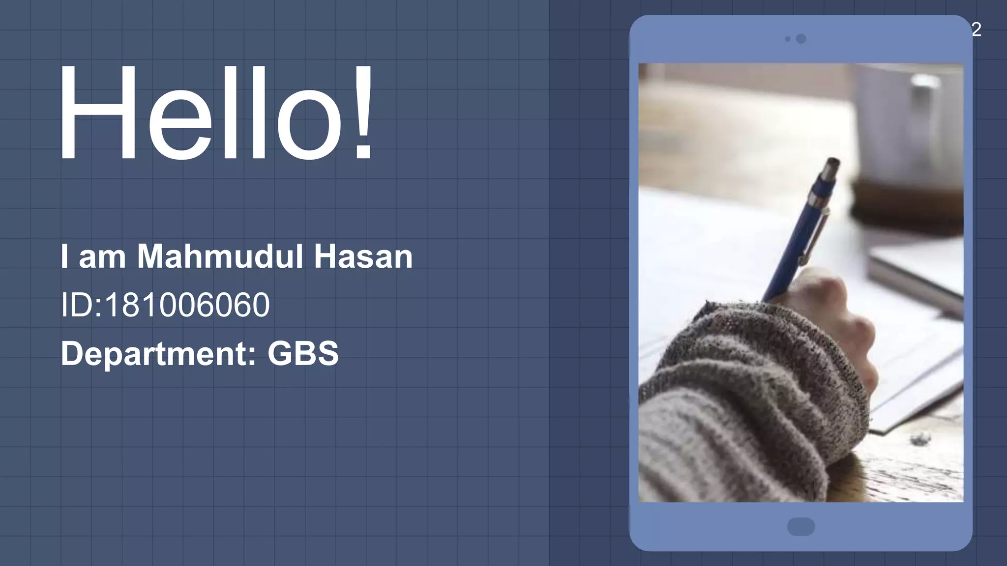 Hello!
I am Mahmudul Hasan
ID:181006060
Department: GBS
2
 