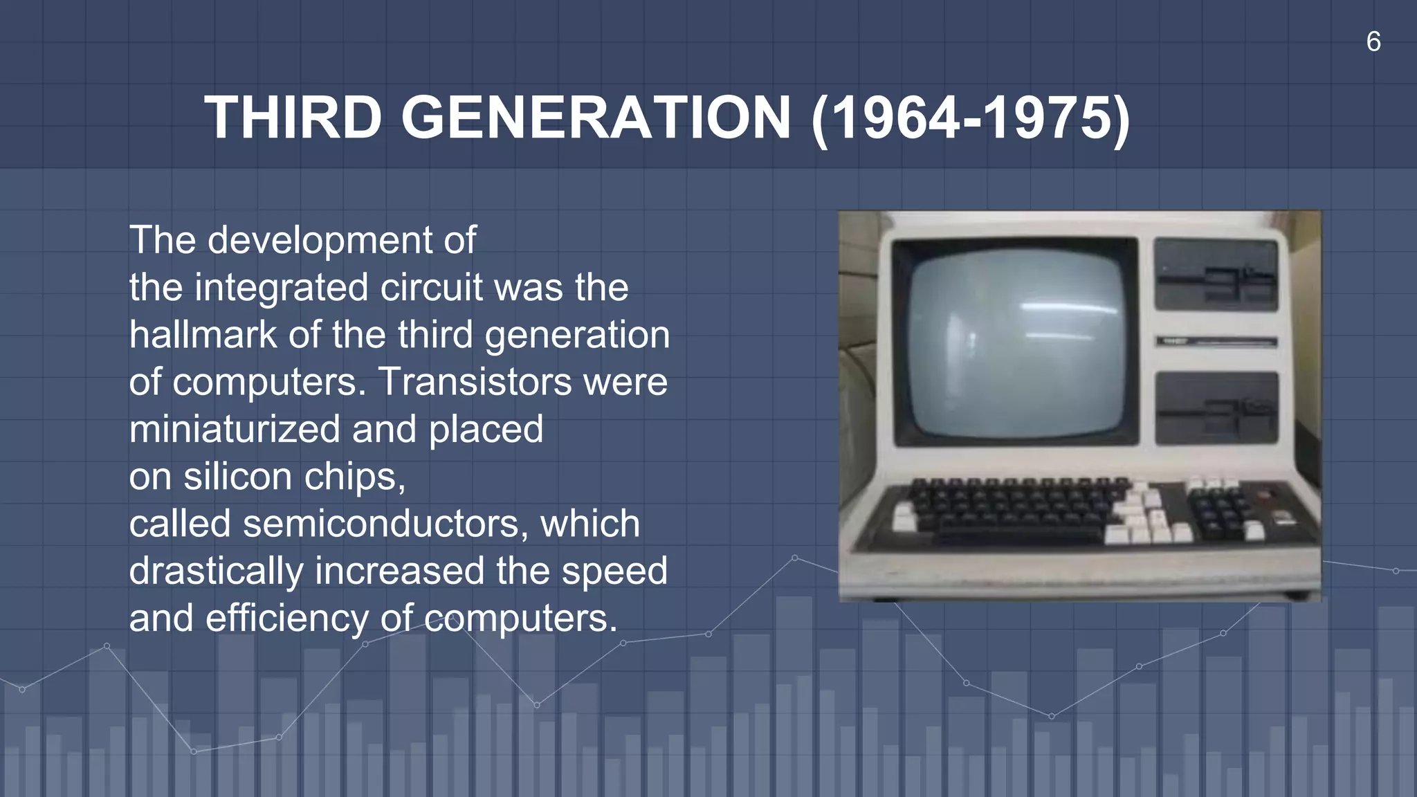 The development of
the integrated circuit was the
hallmark of the third generation
of computers. Transistors were
miniaturized and placed
on silicon chips,
called semiconductors, which
drastically increased the speed
and efficiency of computers.
THIRD GENERATION (1964-1975)
6
 