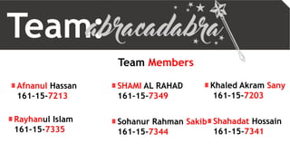Team:
Team Members
SHAMI AL RAHAD
161-15-7349
Afnanul Hassan
161-15-7213
Rayhanul Islam
161-15-7335
Sohanur Rahman Sakib
161-15-7344
Khaled Akram Sany
161-15-7203
Shahadat Hossain
161-15-7341
 