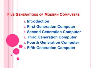 FIVE GENERATIONS OF MODERN COMPUTERS
1. Introduction
2. First Generation Computer
3. Second Generation Computer
4. Third Generation Computer
5. Fourth Generation Computer
6. Fifth Generation Computer
1
 